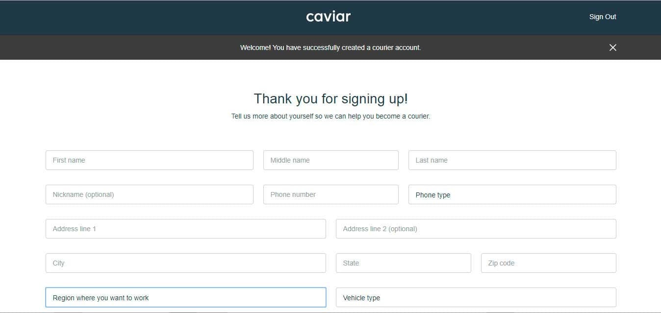 caviar driver sign up step 2