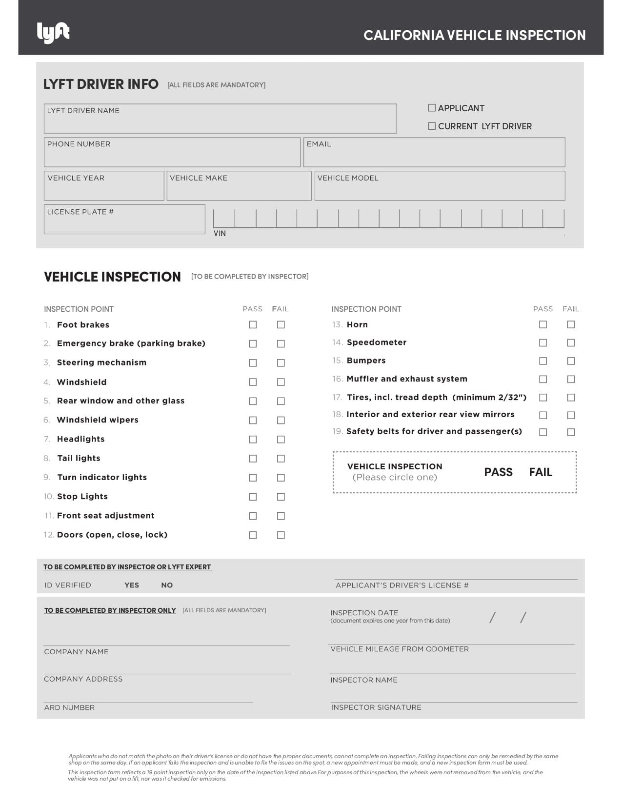 Lyft Inspection Form 2023 Printable Forms Free Online