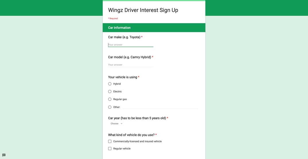 wingz sign up process vehicle information